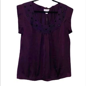 NWT Calvin Klein: Large Dark Purple Studded Short Sleeve Round Neck Blouse